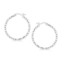 Sterling Silver Faceted Motif Hoop Earrings with Rhodium Plating