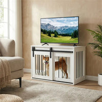 31.5" Dog Crate Furniture With Sliding Barn Door, Wooden Dog Kennel End Table For Indoor Use - White