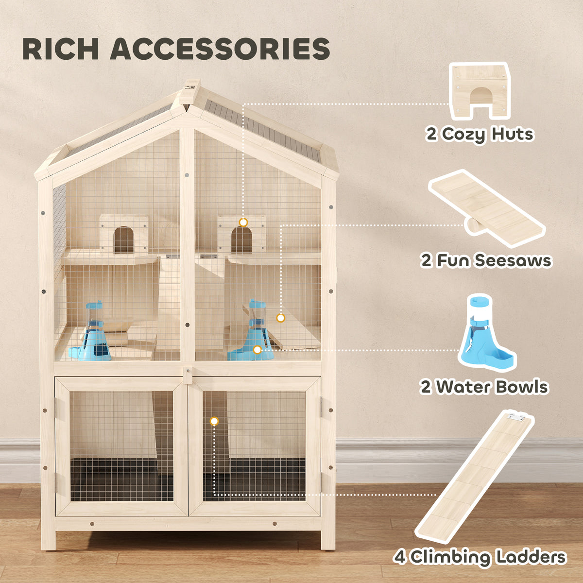 Wooden Hamster Cage, Large 3 Tier Hamster Cage w/ Pull-Out Tray, Openable Top, Hut, Seesaws, 26.8"L x 24.2"W x 35.4"H
