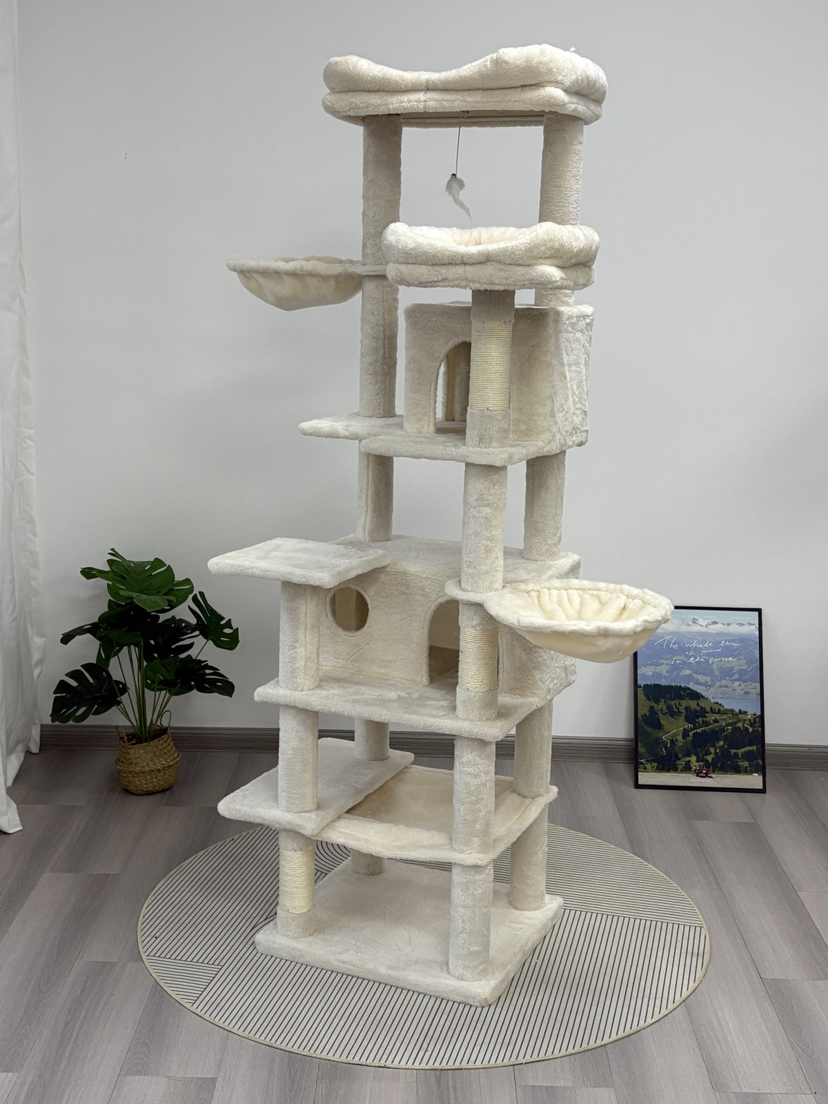68in Tall Multi-Level Green Cat Tree with Hammocks, Hanging Basket, Cat Cave, Removeable Cushion, Scratching Posts - Plu