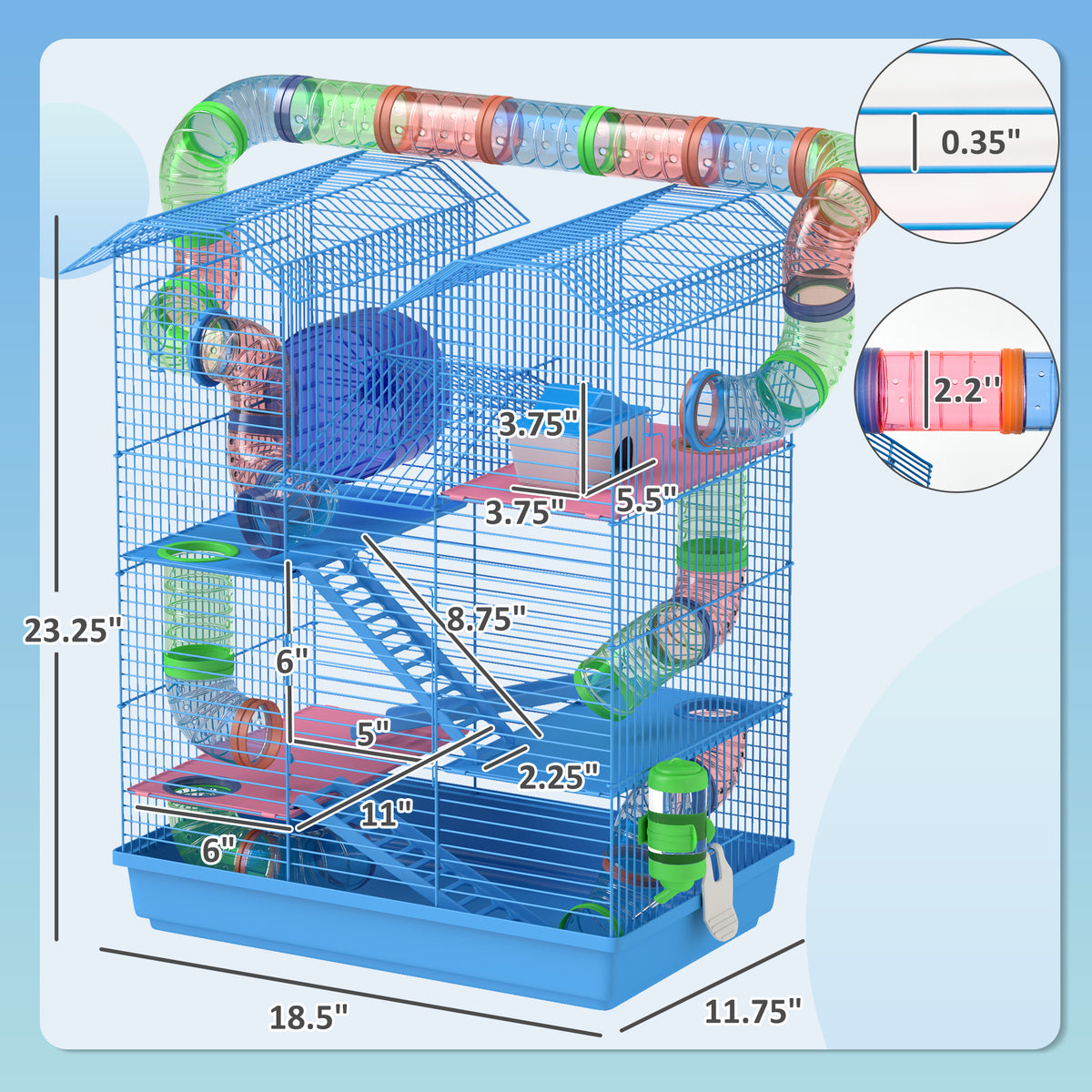 18.5" 5 Tier Hamster Cage with Tubes and Tunnels, Small Animal Cage, Rat Gerbil Cage with Water Bottle, Food Dish, Exerc
