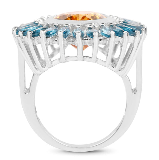 7.54 Carat Genuine Citrine & London Blue Topaz .925 Sterling Silver Ring