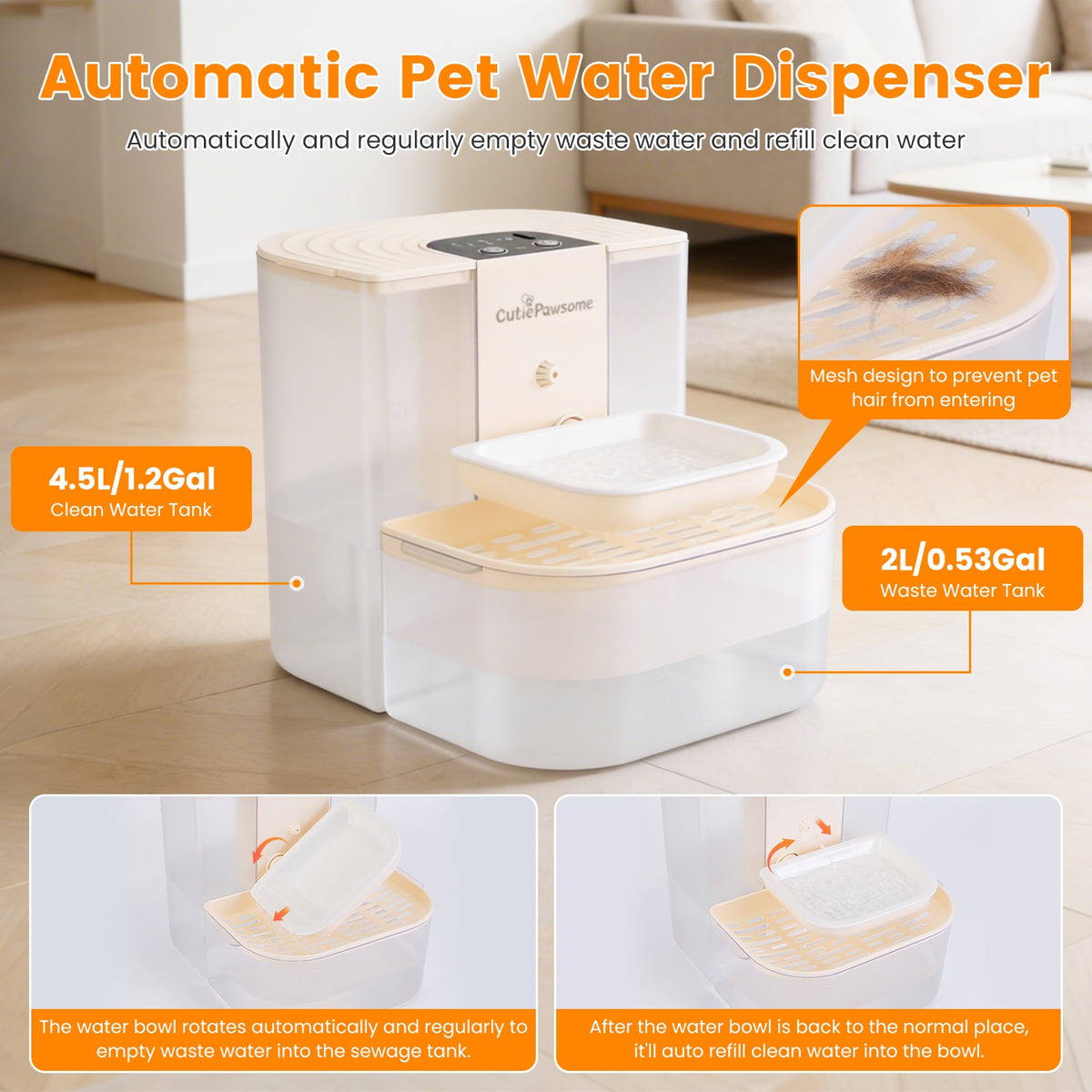 1Pc Smart Pet Water Fountain Automatic Cat Water Dispenser 4.5L Cordless Rechargeable Dog Water Fountain Self-Refill Wit