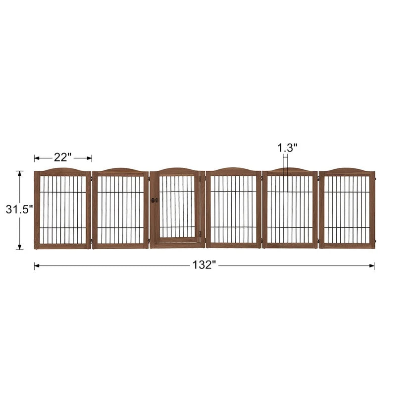 6-Panel Freestanding Solid Wood Dog Gate with Lockable Door, 132"L x 31.5"H – Foldable Pet Gate & Playpen, No Wall Mounting Required