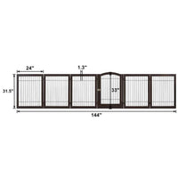 6-Panel Freestanding Wooden Dog Playpen & Pet Gate, 144"L x 31.5"H – Lockable Gate, No Wall Mounting, White/Espresso