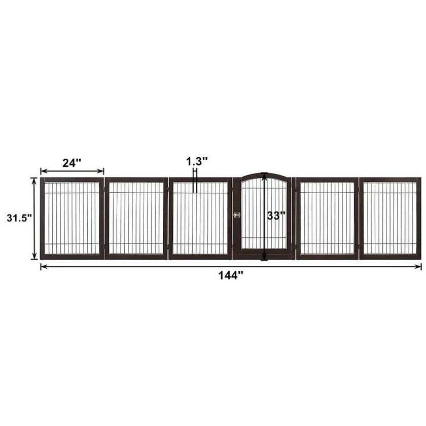 6-Panel Freestanding Wooden Dog Playpen & Pet Gate, 144"L x 31.5"H – Lockable Gate, No Wall Mounting, White/Espresso