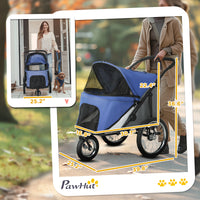 3 Wheels Dog Stroller W One-Hand Fold, Rubber Wheels, Storage Bag, Soft Cushion, For Small & Medium Dogs, Blue