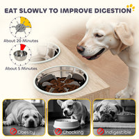 Elevated Dog Bowls with Storage Cabinet, 2 Stainless Steel Bowls, Slow Feeder, Dog Feeding Station for Large Dogs, Oak