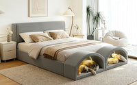 Queen Size Upholstered Platform Bed Frame with Dual Cat Caves, LED Lighted Pet Nests at Footboard, Gray