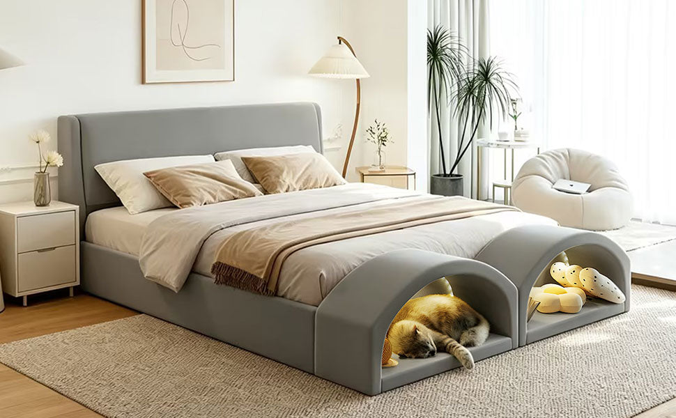 Queen Size Upholstered Platform Bed Frame with Dual Cat Caves, LED Lighted Pet Nests at Footboard, Gray