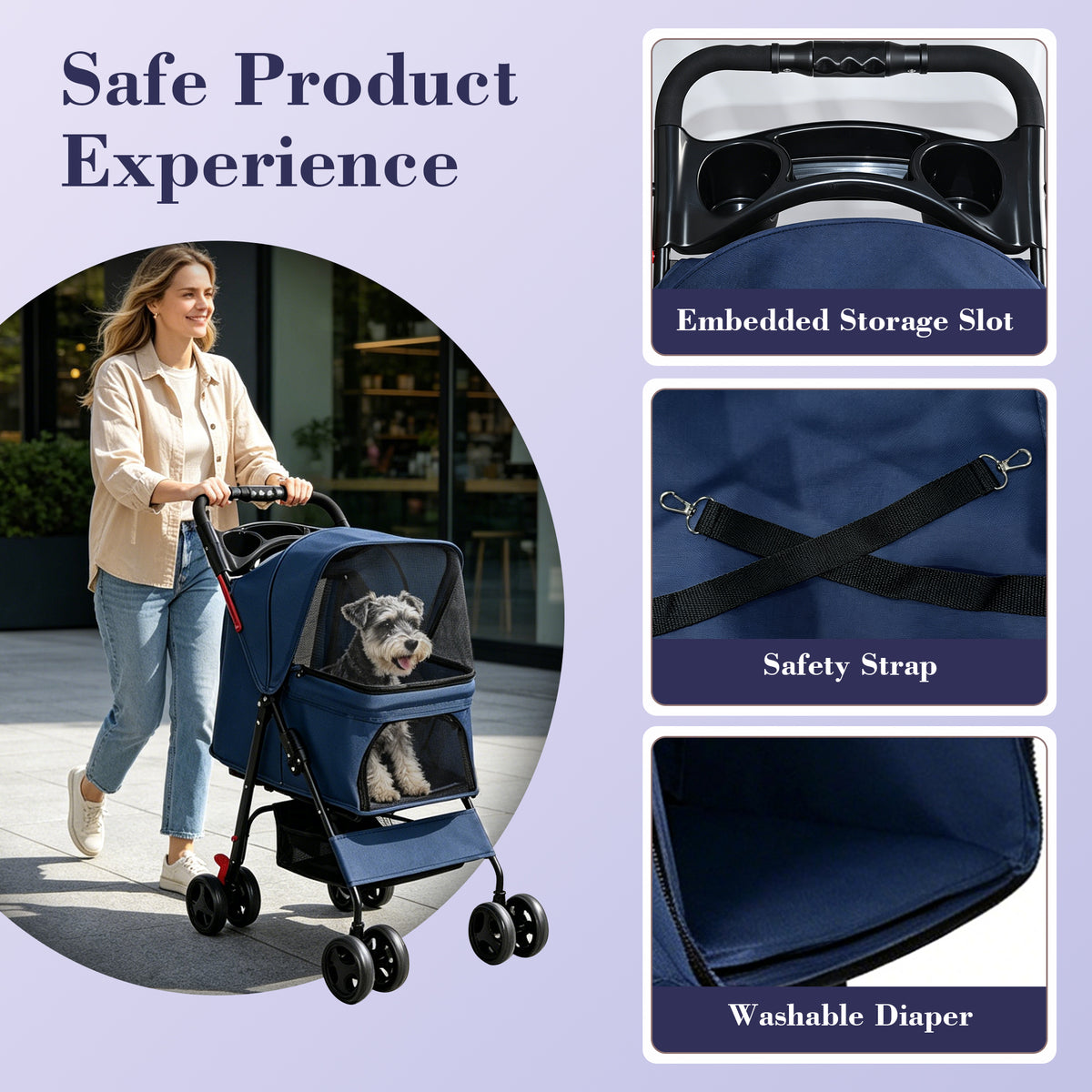Foldable Pet Stroller for Small Dogs and Cats Under 28 lbs with Multi-Functional Tray, 2 Safety Leashes, Storage Basket 