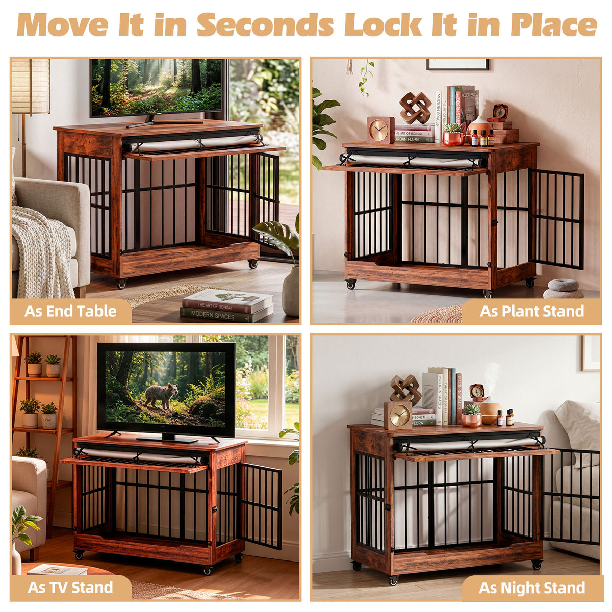 38in Dog Crate Furniture, Double Door Wooden Indoor Dog Kennel Furniture, Decorative Pet Cage End Table With Wheels For 
