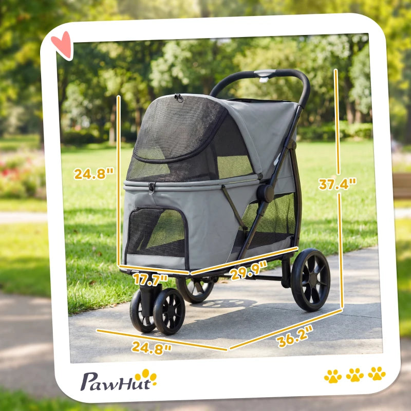3 Wheel Pet Stroller With Easy One-Click Quick Fold, Mesh Window, Washable Cushion, For Medium Dogs, Gray