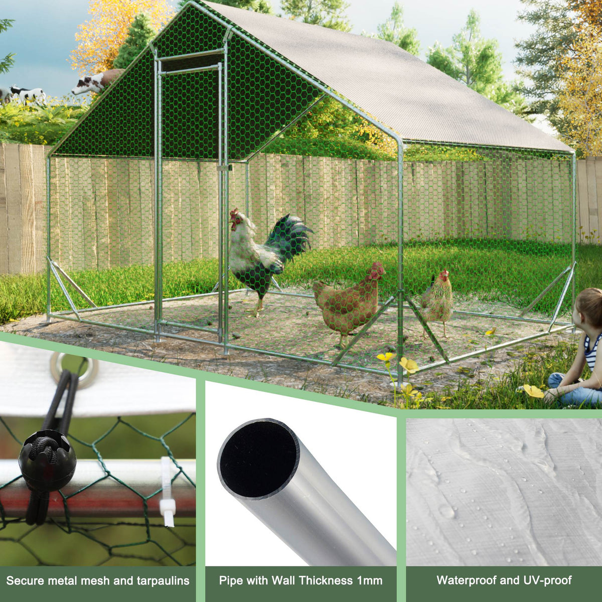 Large Metal Chicken Coop, Walk-in Chicken Run, Galvanized Wire Poultry Chicken Hen Pen Cage, Rabbits Duck Cages With Wat