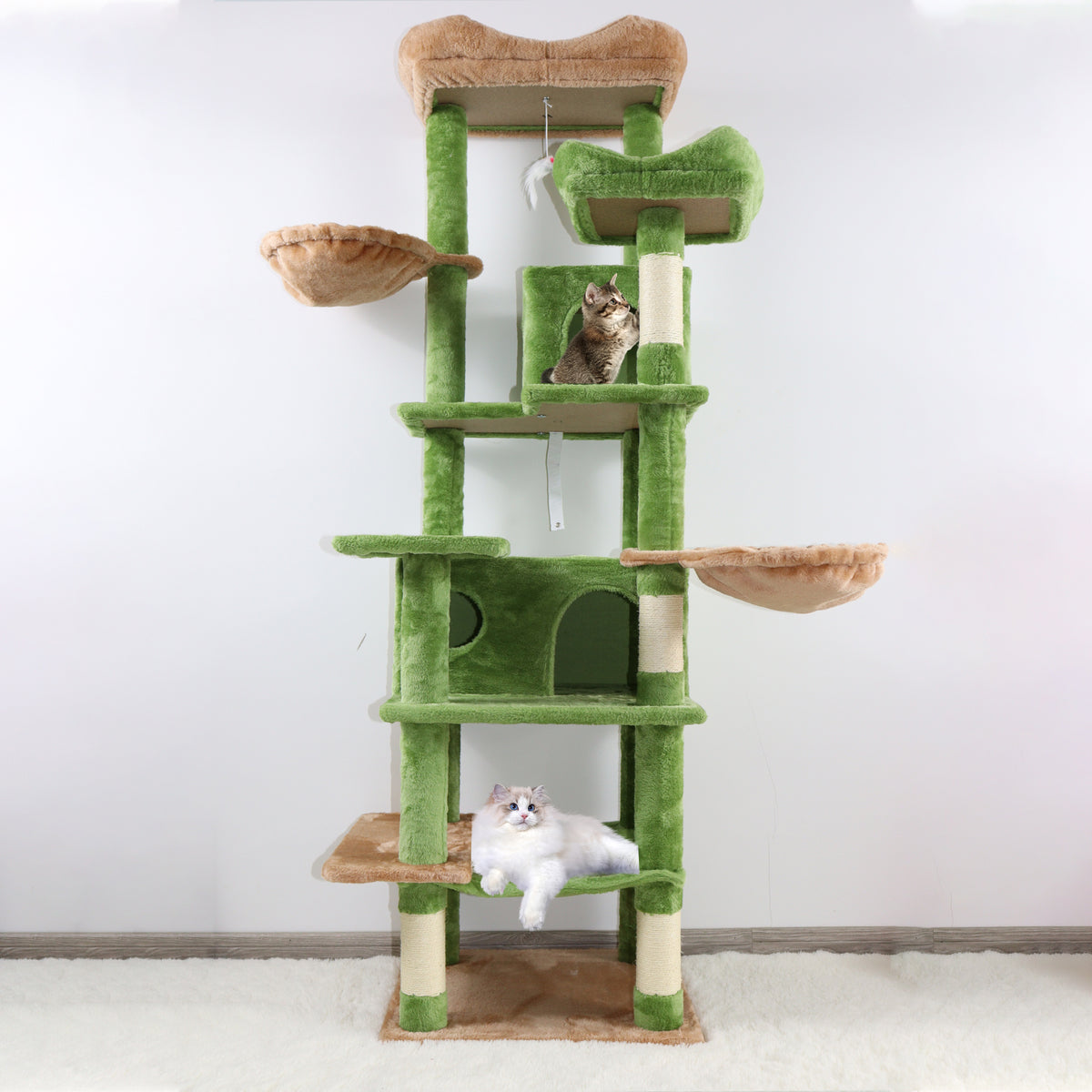 68in Tall Multi-Level Green Cat Tree with Hammocks, Hanging Basket, Cat Cave, Removeable Cushion, Scratching Posts - Plu