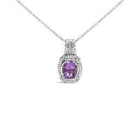 .925 Sterling Silver 9x7mm Oval Purple Amethyst and Round Diamond Accent Fashion Drop Pendant 18 Inch Necklace (I-J Color, I1-I2 Clarity)