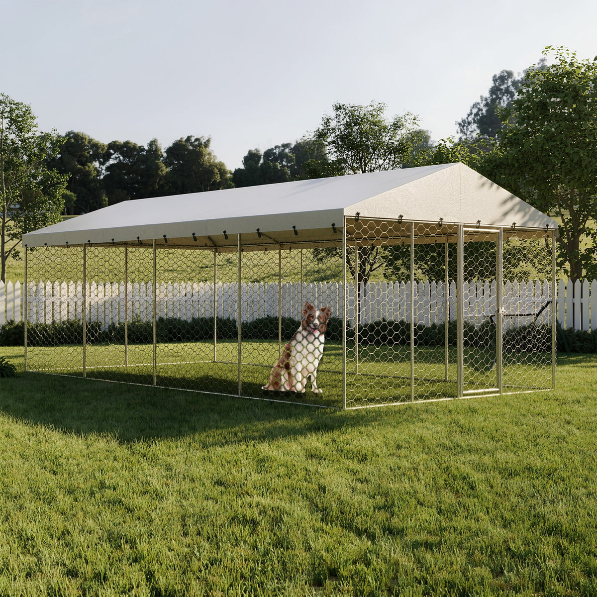 10x20 FT Large Outdoor Dog Kennel with Canopy, Heavy Duty Galvanized Steel Frame, Waterproof Cover, All-Weather Protecti