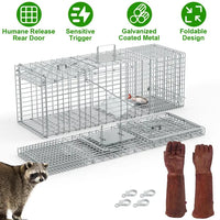 Humane Cat Trap Cage With Gloves Catch Release Live Animal Rodent Cage Collapsible Galvanized Wire For Raccoons Beavers 