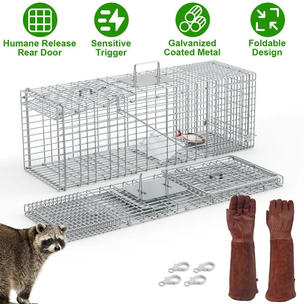 Humane Cat Trap Cage With Gloves Catch Release Live Animal Rodent Cage Collapsible Galvanized Wire For Raccoons Beavers 