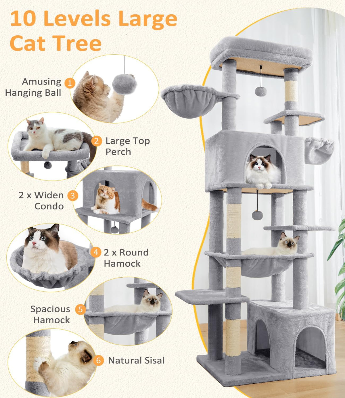 ABCPET Large Cat Tree, Cat Tower, Multi-Tier, Indoor Cat, Sisal Scratching Post, Widened Cat Perching Post, Square Hammo