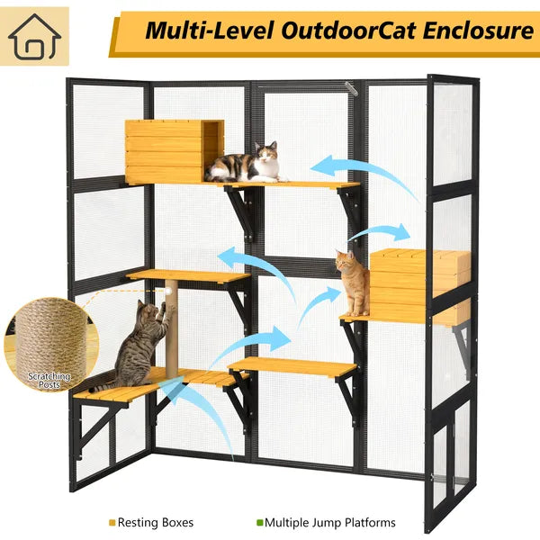 Cat Catio Outdoor Cat Enclosure For Multiple Indoor Outdoor Cats, Large Wooden Walk-in Cat House With Window Connection 