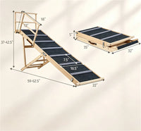 6-Level Adjustable Foldable Pet Ramp , Solid Pine Wood Non-Slip Dog Stairs with Side Rails, 145 lbs Heavy Duty Pet Step 