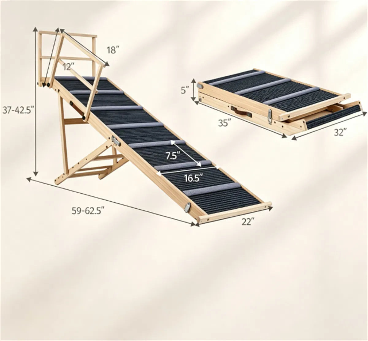 6-Level Adjustable Foldable Pet Ramp , Solid Pine Wood Non-Slip Dog Stairs with Side Rails, 145 lbs Heavy Duty Pet Step 