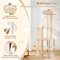 63" Wooden Cat Tree - 2-Story Condo with Bamboo Interior, 5 Sisal Scratching Posts, 44 lbs Per Layer Capacity