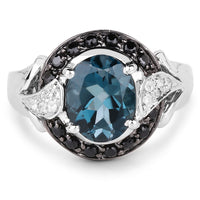 4.27 Carat Genuine London Blue Topaz, Black Spinel & White Topaz .925 Sterling Silver Ring