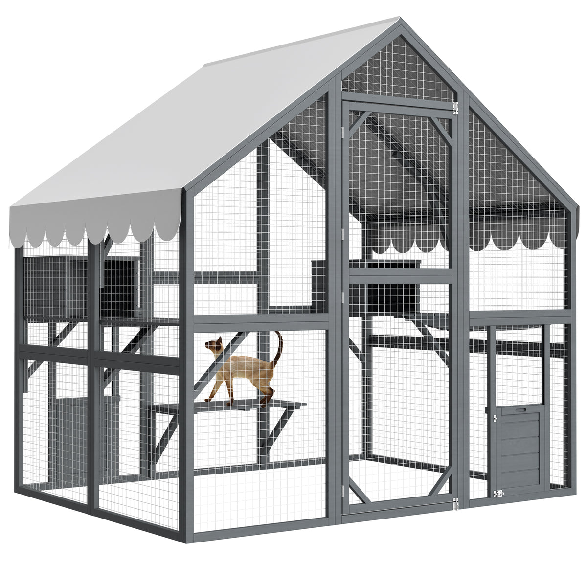 Large Outdoor Cat House, 28ft² Luxury Wooden Cat Run Enclosure Walk in Cat Catio Kitten Condo with 2 Cat Doors, 2 Plaype