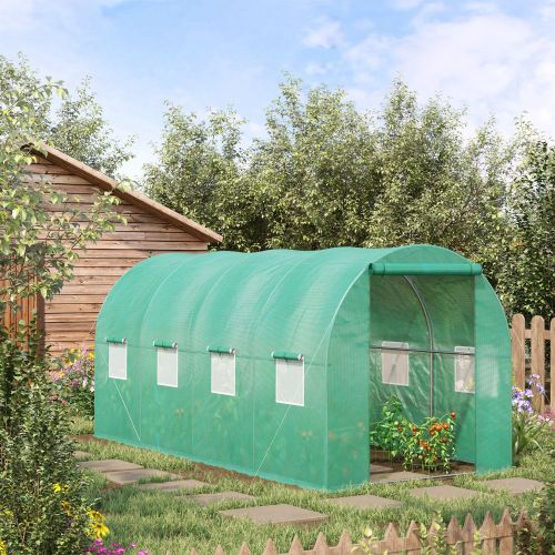Outsunny 15x 7x 6.5 Walk-in Tunnel Hoop Greenhouse, Green House With Polyethylene PE Cover, Steel Frame, Roll-Up Zipper 