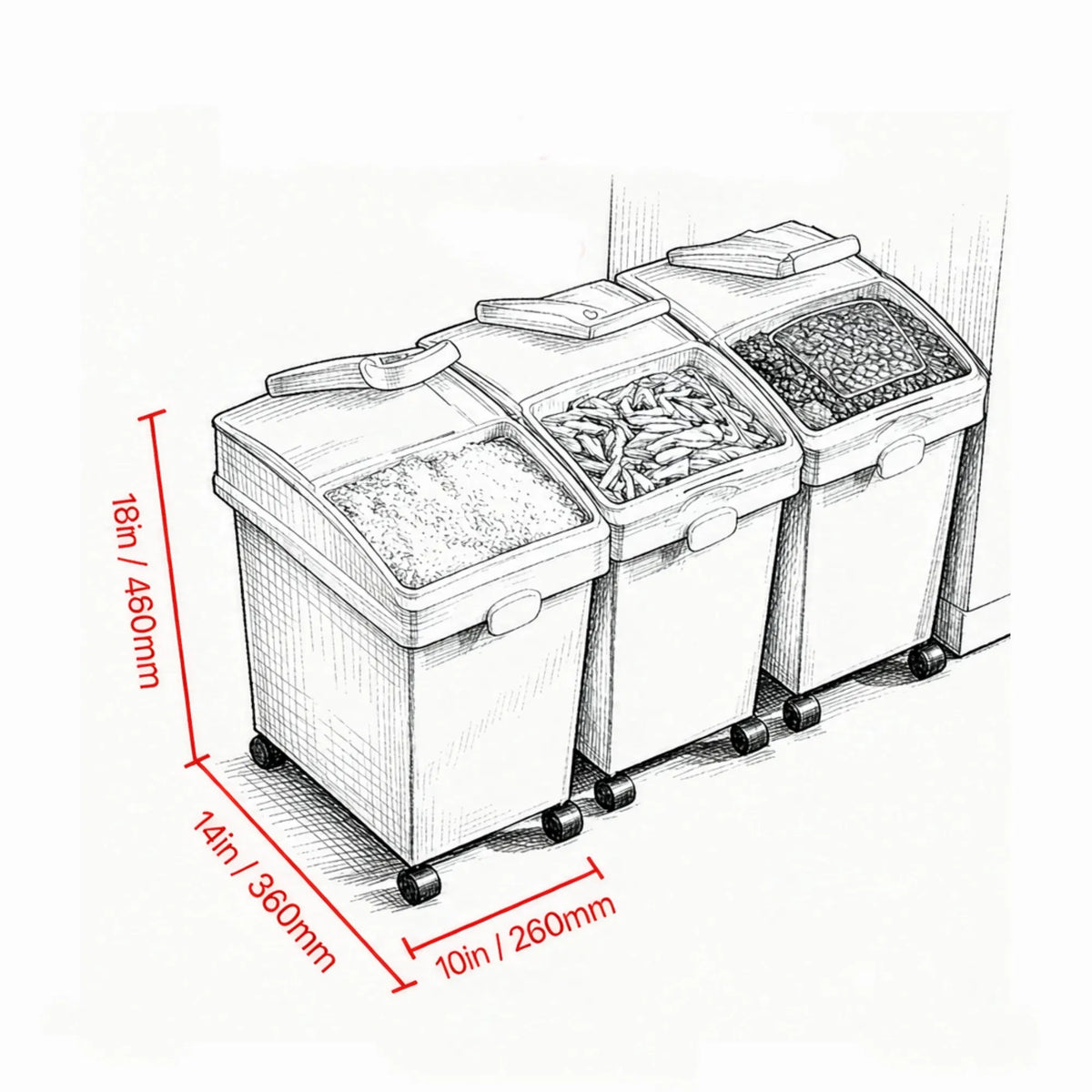 3-Pack 25L Large Rice Storage Container, Airtight Dog Food Dispenser Bin with Wheels & 3 Scoops, Kitchen Grain Cereal Fl