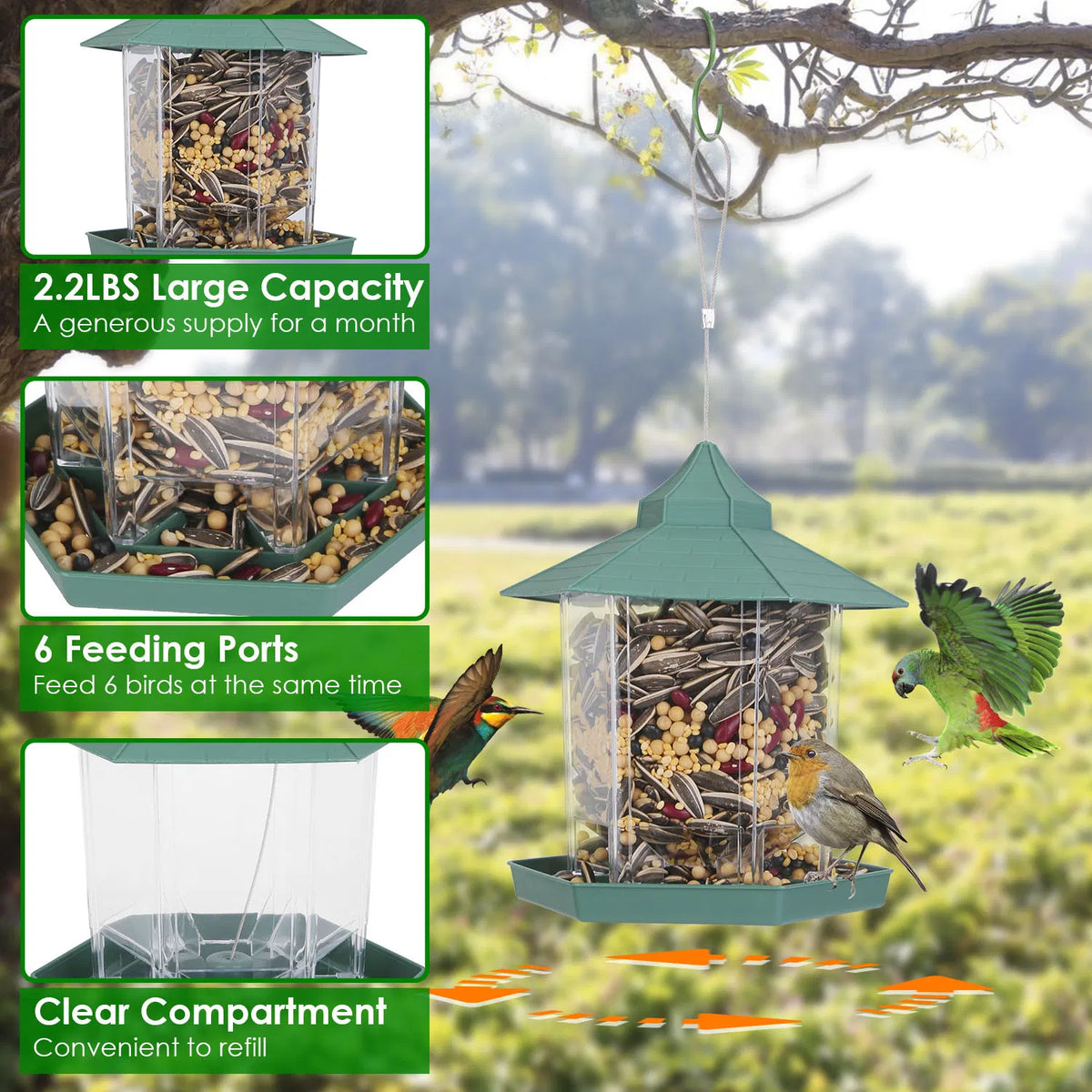 Hanging Gazebo Wild Bird Feeder Outdoor Bird Seed Station with Large Capacity 6 Feeder Ports for Garden Patio Park Weath