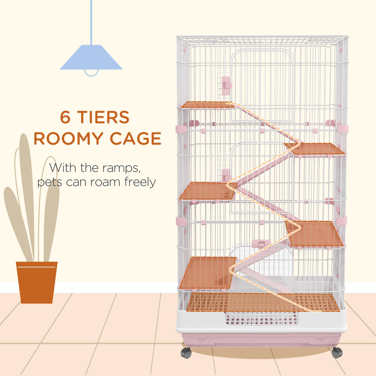 32"L 6-Level Small Animal Cage Rabbit Hutch with Universal Lockable Wheels, Slide-out Tray for Bunny, Chinchillas, Ferre