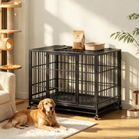 Heavy Duty Dog Crate , Mobile Pet Kennel with Lockable Wheels & Rotary Twist-Latch, Indoor Outdoor Metal Cage with Perfo