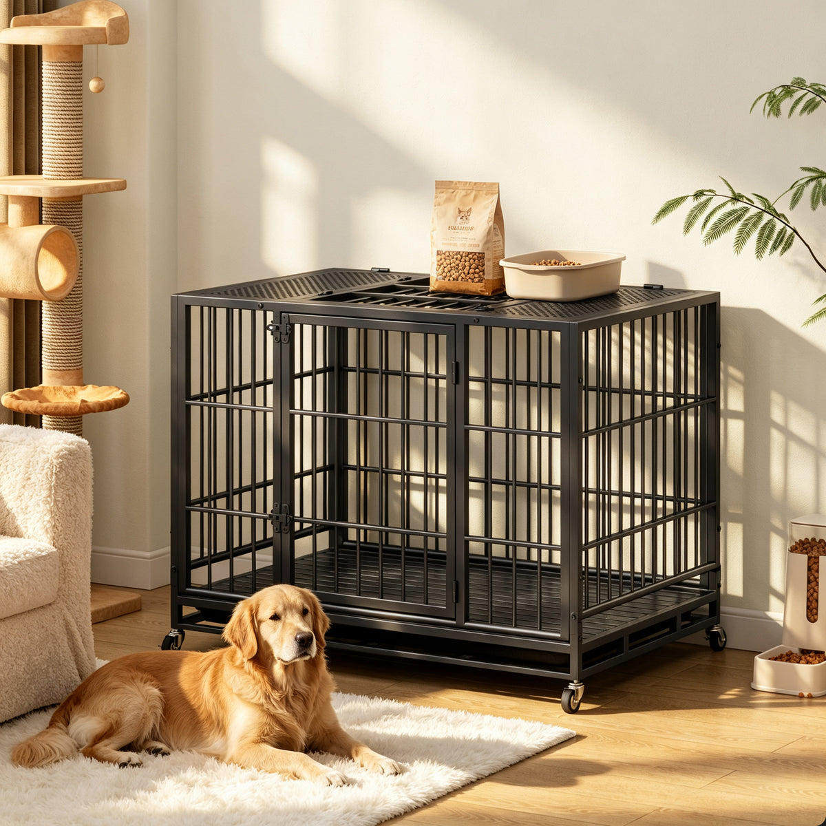 Heavy Duty Dog Crate , Mobile Pet Kennel with Lockable Wheels & Rotary Twist-Latch, Indoor Outdoor Metal Cage with Perfo