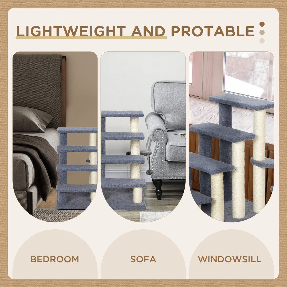 4 Levels Cat Steps with Scratching Posts for High Bed, Sofa, Gray