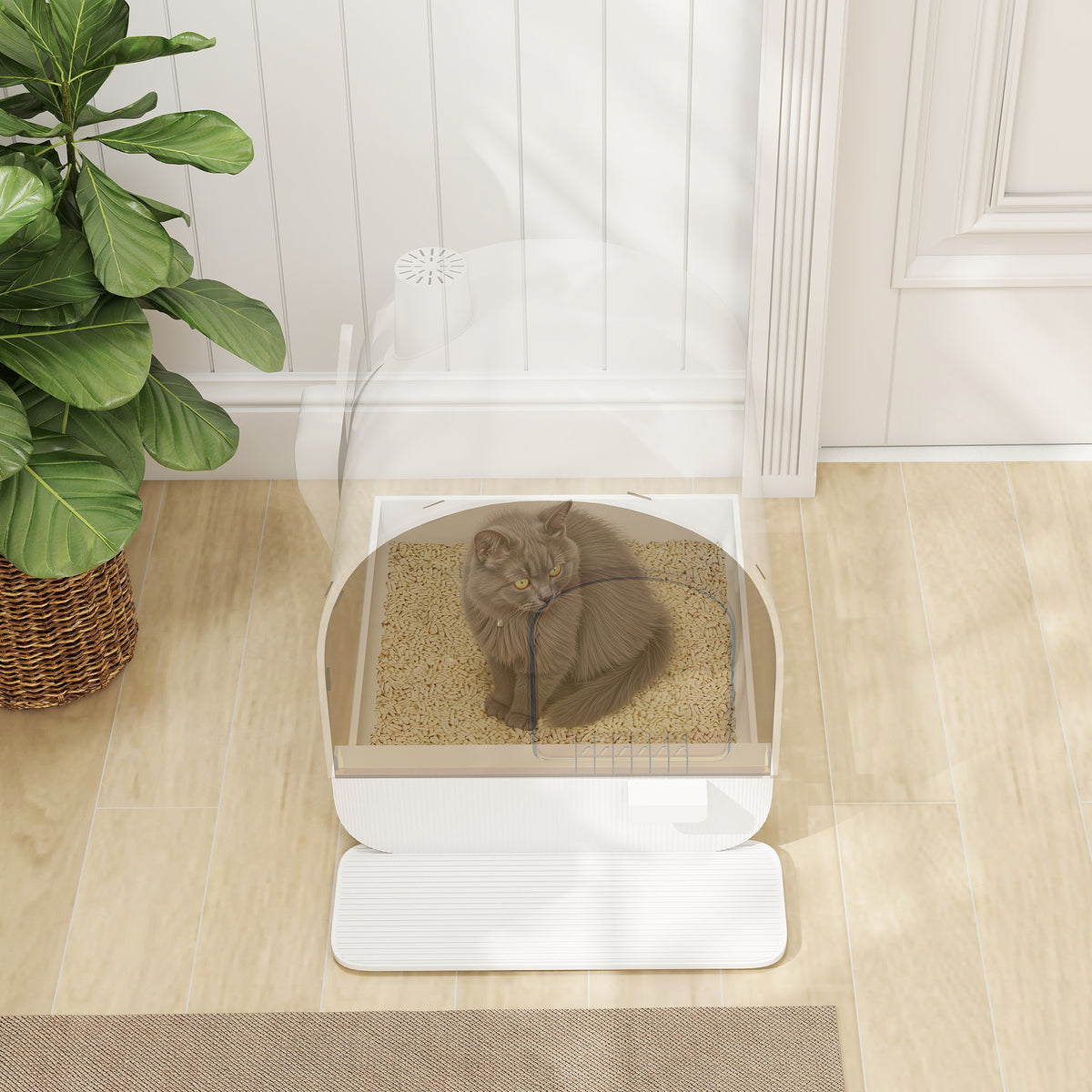Cat Litter Box with Lid with Scoop and Filter, White