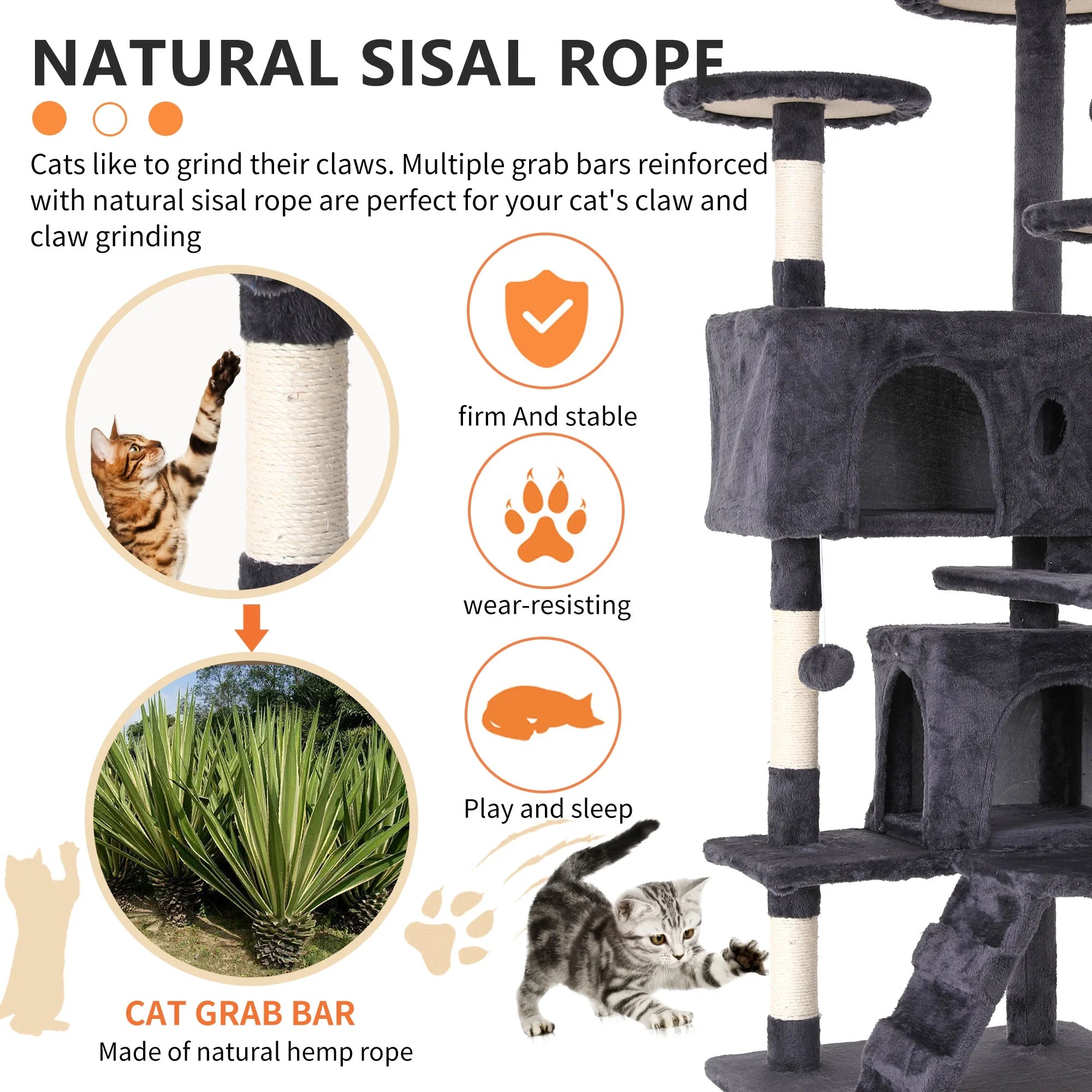 Ultimate 54-Inch Double Condo Cat Tree Tower with Scratching Post & Cozy Perch for Indoor Cats - Stylish Ashy Design - BIG FRENCHIES