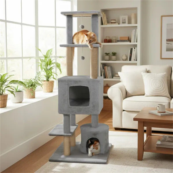 64" Light Gray Cat Tower With Plush Perches & 3 Dangling Balls, Jute Scratching Posts & Anti-Tipping Device For Multi-Ca