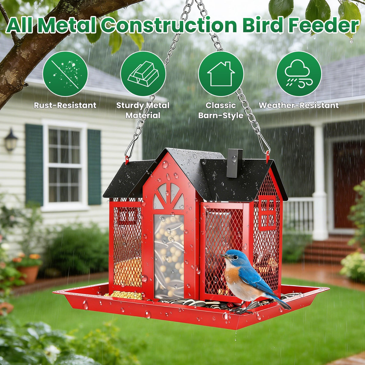 1Pc Metal Hanging Bird Feeder House Classic Barn Bird Feeder House Iron Hanging Outdoor Feeder With Visible Window And L