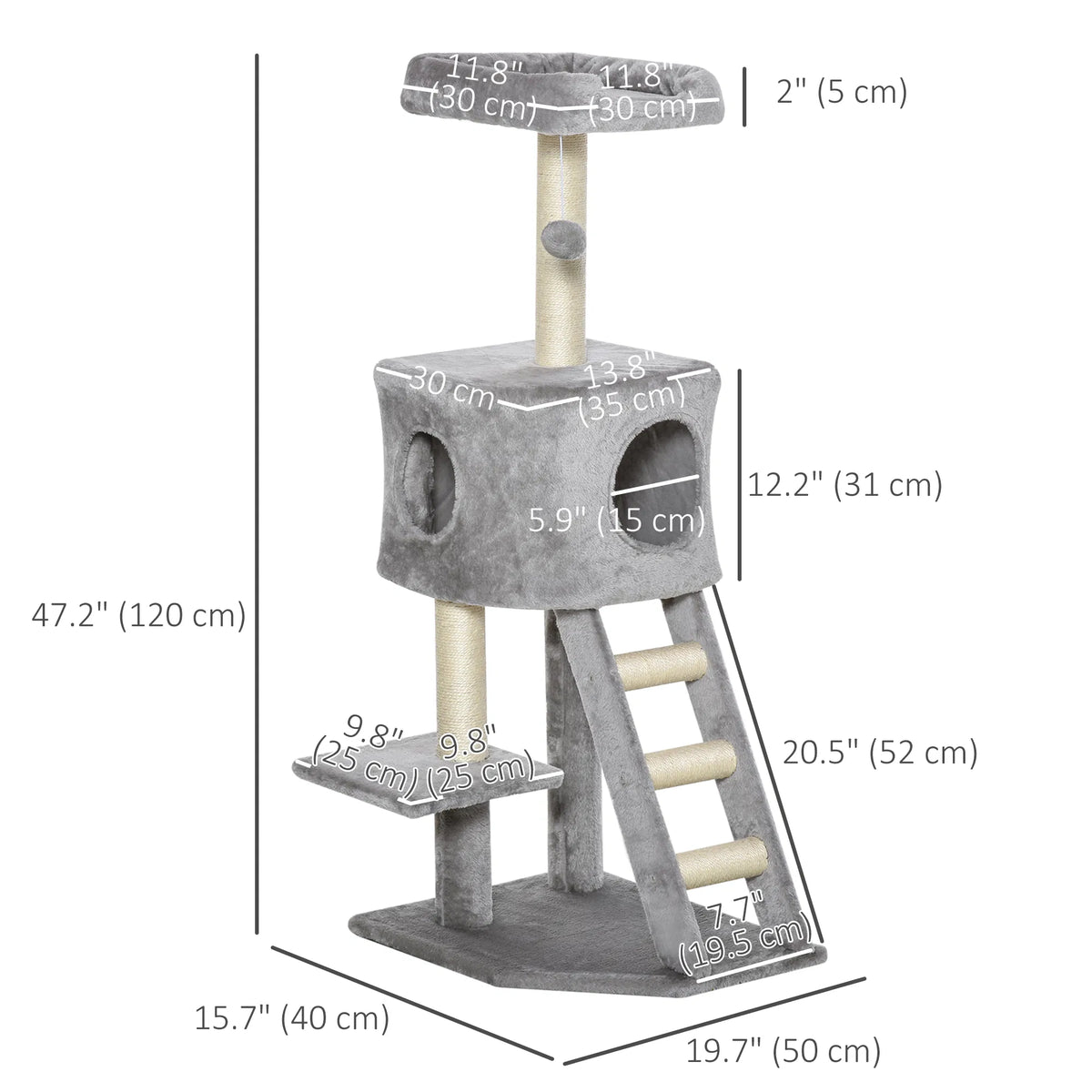 47" Tall Cat Tree Tower with Condo, Ladder, Scratching Posts and Hanging Ball, Light Grey
