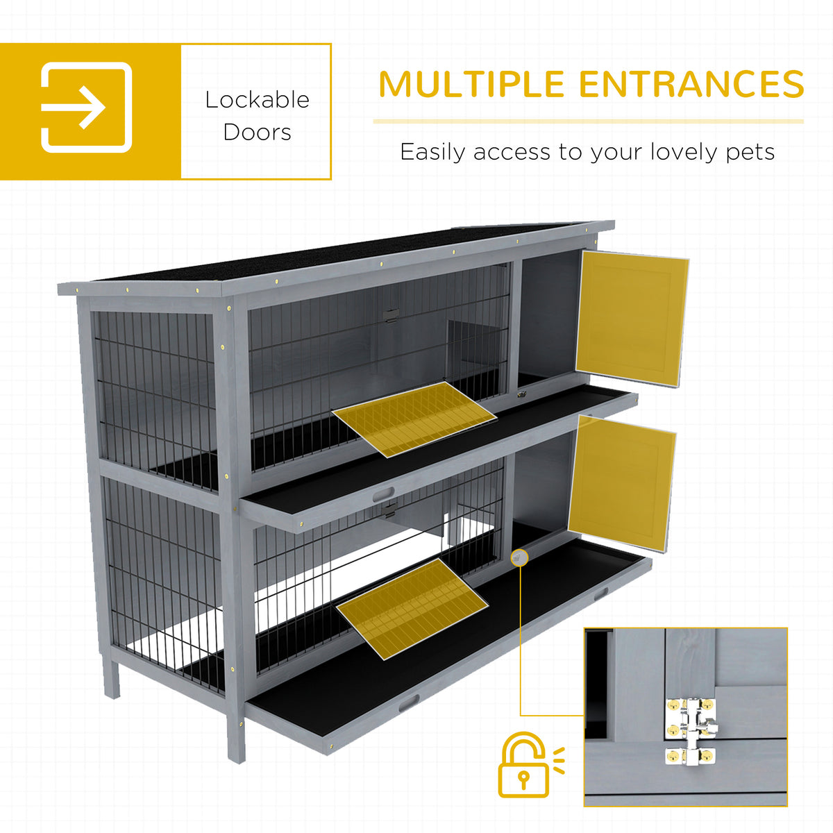 54" 2-Story Large Rabbit Hutch Bunny Cage Wooden Pet House Small Animal Habitat with Lockable Doors, No Leak Tray and wa