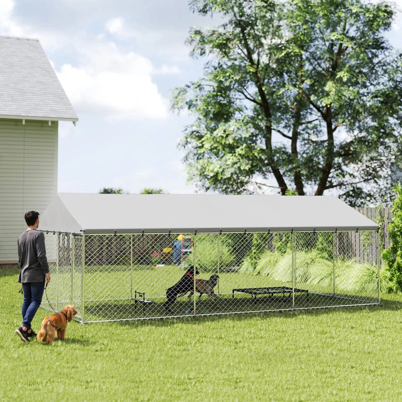 Heavy Duty Outdoor Dog Kennel With Waterproof Roof, 2 Secure Latches, Chain Link Dog Run For Backyard, 20' X 10' X 7'For