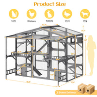 Large Outdoor Catio for 6-10 Cats, Pine Wood Cat Cage Outdoor with Weatherproof Roof, 6 Platforms, Climbing Ramp, 1 Rest