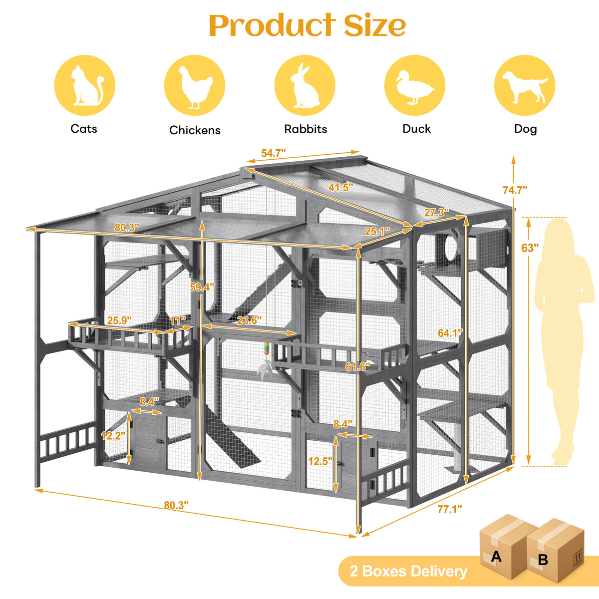 Large Outdoor Catio for 6-10 Cats, Pine Wood Cat Cage Outdoor with Weatherproof Roof, 6 Platforms, Climbing Ramp, 1 Rest