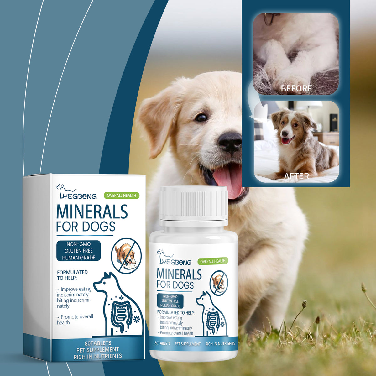 Dog Mineral Supplement Tablets, 80 Chewable Minerals Tablets For Pica, Appetite & Bone Health Support, Non-GMO Human Gra