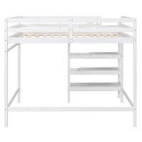 Full Size Loft Bed with Built-in Storage Staircase and Hanger for Clothes  White
