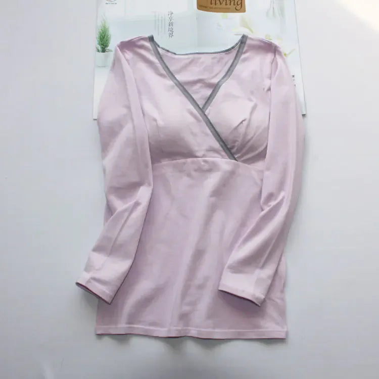 Women's Cotton Nursing Top, Long Sleeve V-Neck T-Shirt - # BAGE211510105-NURSG - BIG FRENCHIES