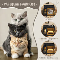 Litter Box Enclosure Cabinet with LED Light – 2-Drawer Cat House Side Table, White/Black/Gray